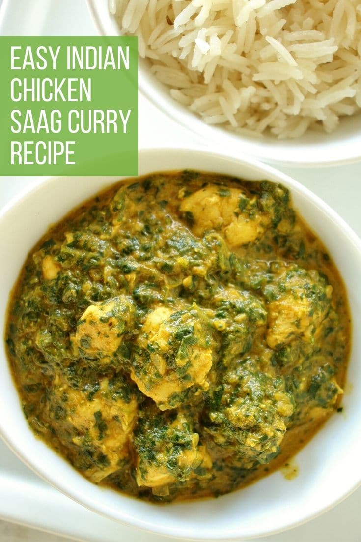Indian chicken saag spinach curry in a white bowl