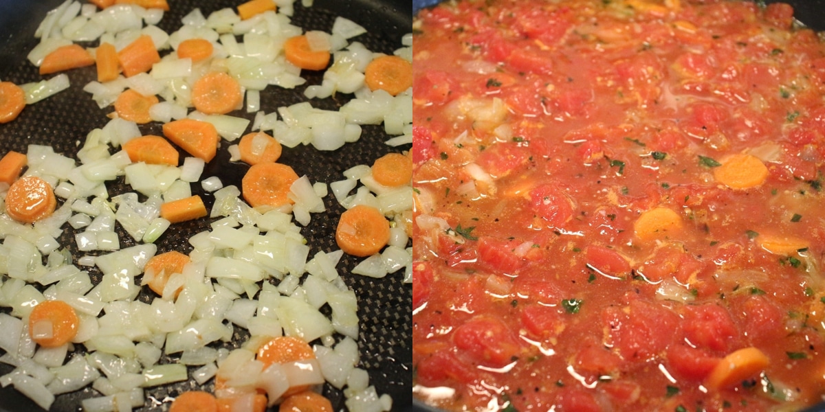 Step by step photo of cooking carrot and onions in a saute pan, then then after the addition of canned tomatoes and chicken broth.