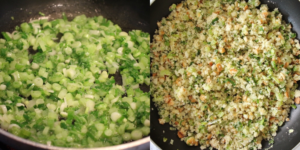 Step by step photos of cooking scallions and chopped celery in a saute pan, adding fresh bread crumbs