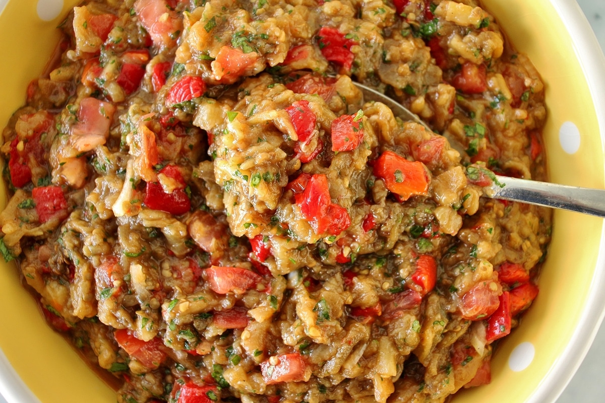 Armenian grilled vegetable salad with eggplant, red peppers, and tomatoes