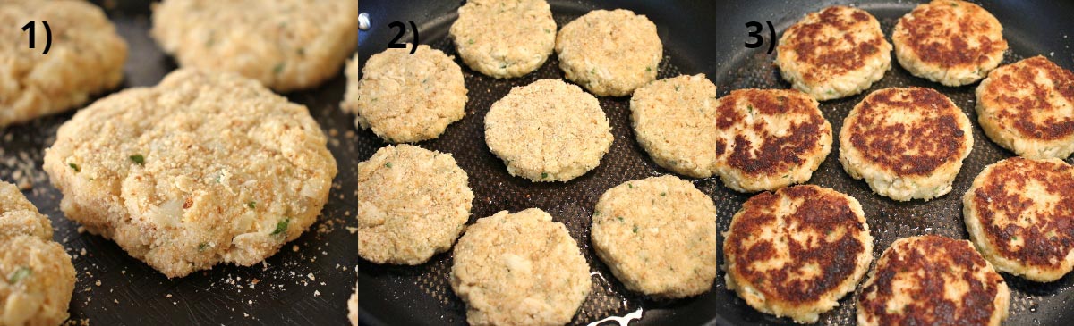 Step by step photos of assembling and cooking homemade crab cakes