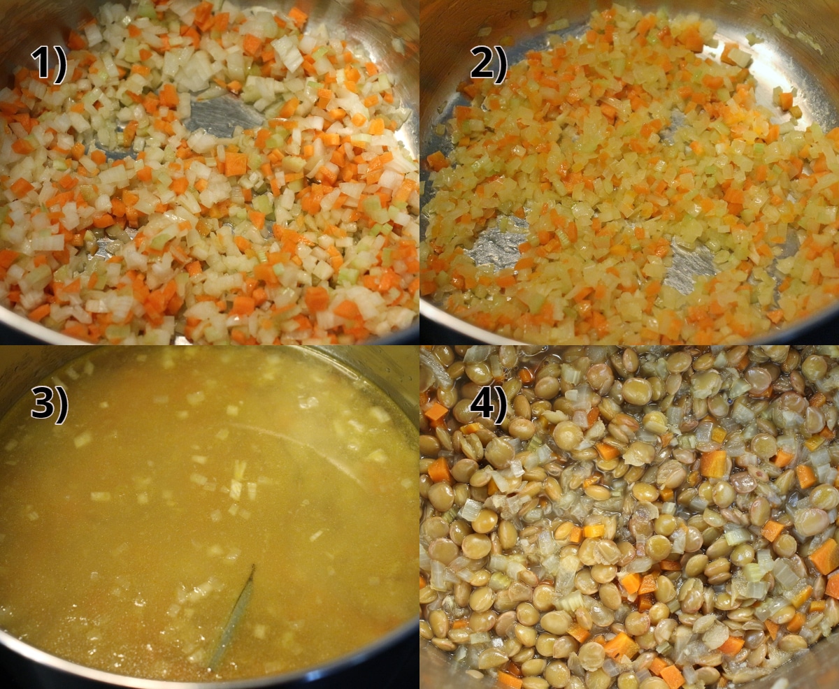 step by step photos of sauteing aromatics and then cooking lentils