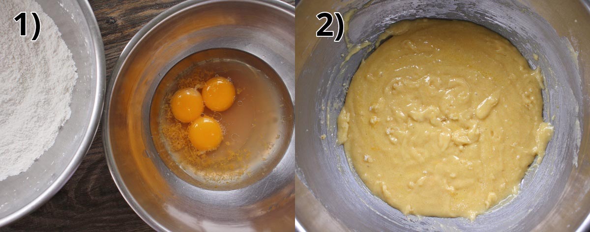 Before and after pictures of dry and wet mixture for grapefruit cake, and the mixtures combined.