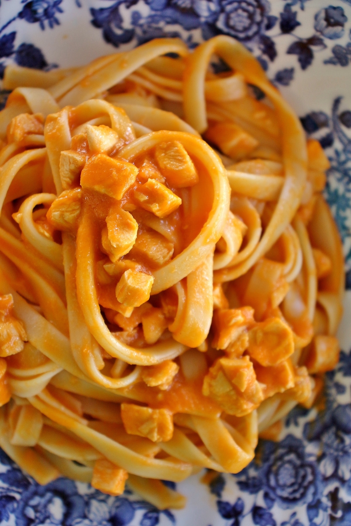 Closeup overhead view of a bowl of fettuccine with bright orange Venetian chicken sauce