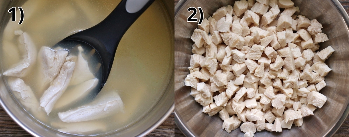 Step by step photos of poaching and cubing chicken for Venetian chicken sauce