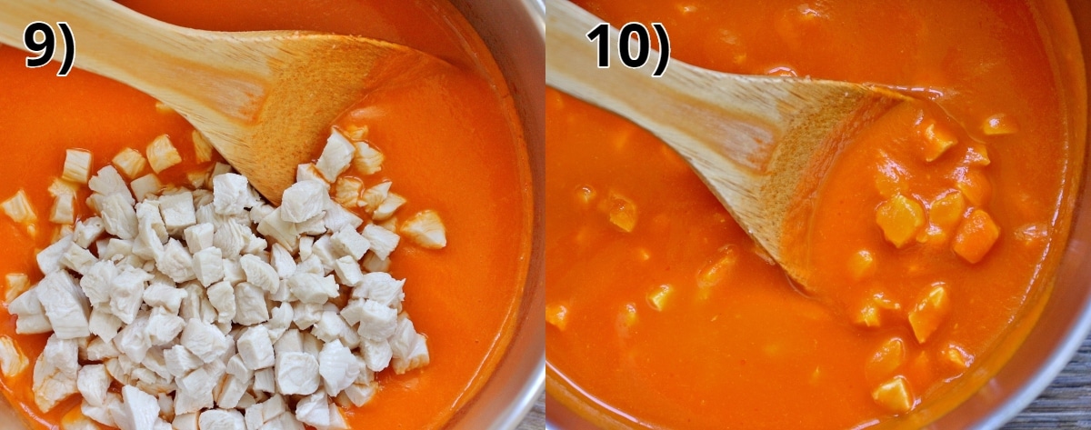 Step by step photos of stirring diced chicken into Venetian sauce