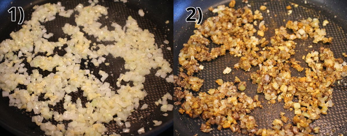 Step-by-step photos of cooking chopped onions in a pan and then adding spices.