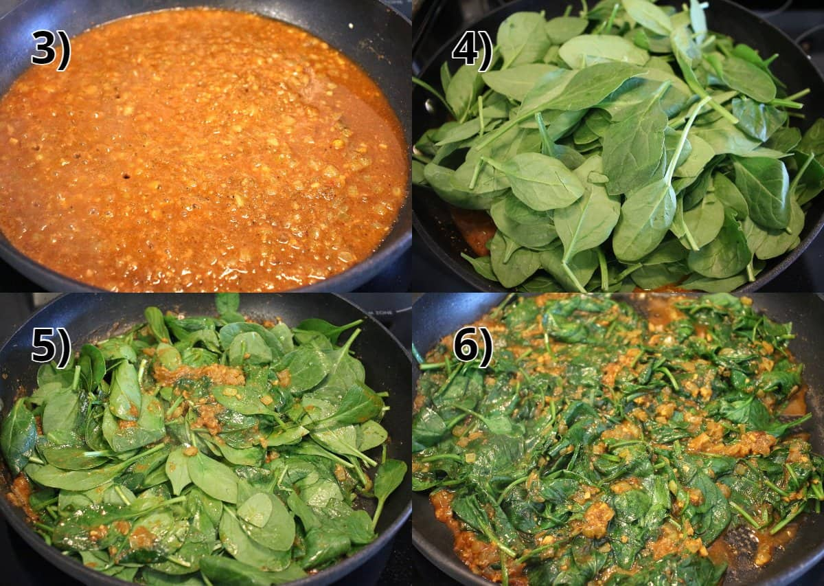 Step-by-step photos of making a curry sauce and then cooking spinach in it.