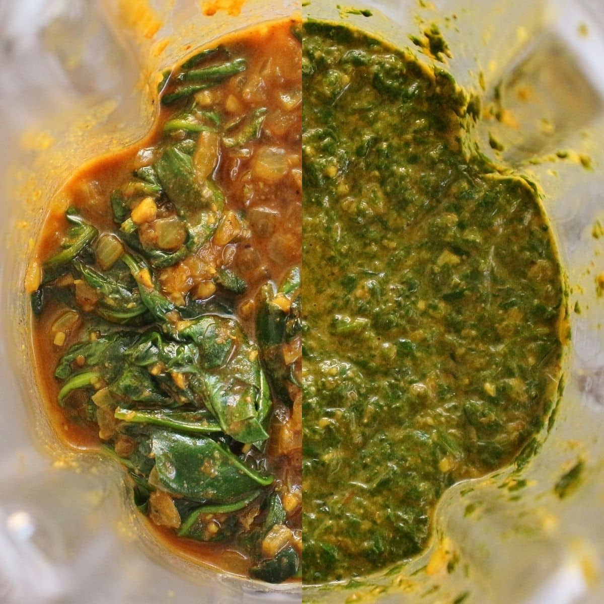 Before and after photos of cooked spinach in spice sauce in a blender.