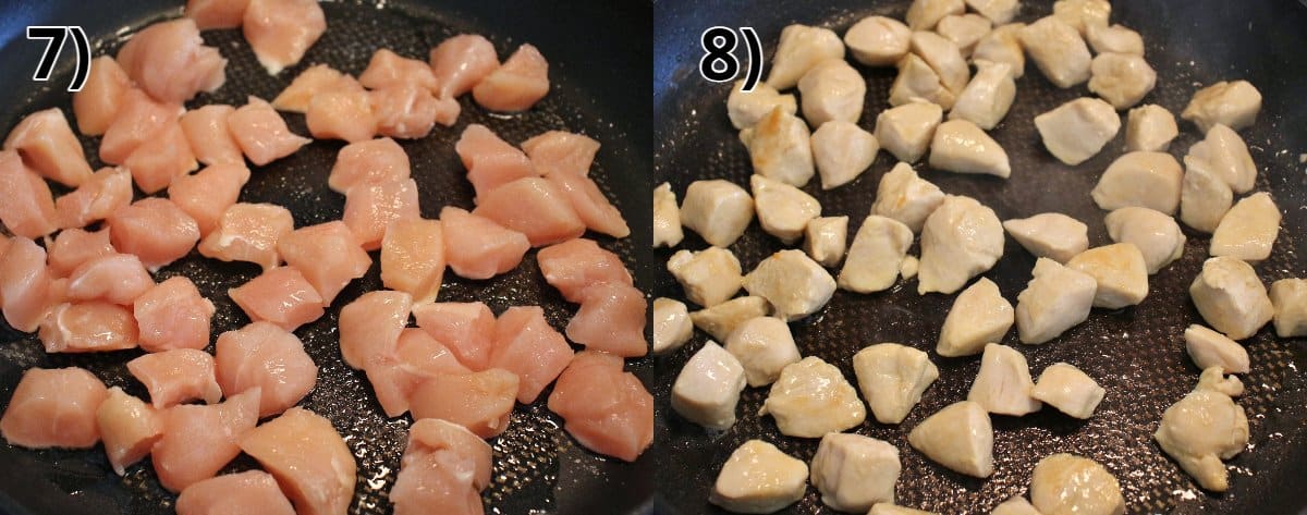 Before and after photos of cubed chicken breast cooking in a pan.