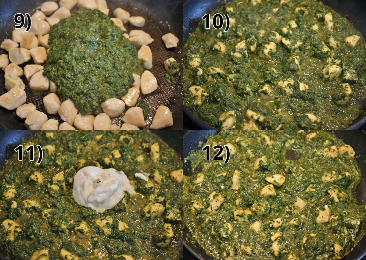 Step-by-step photos of adding saag sauce to chicken and stirring in yogurt.