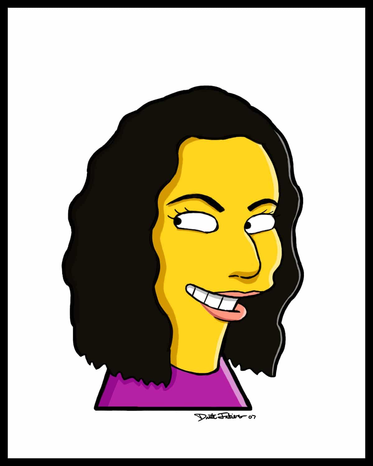 a Simpsons style caricature of a woman with dark wavy hair 