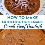 a collage of Czech beef goulash on a white plate and in a pot