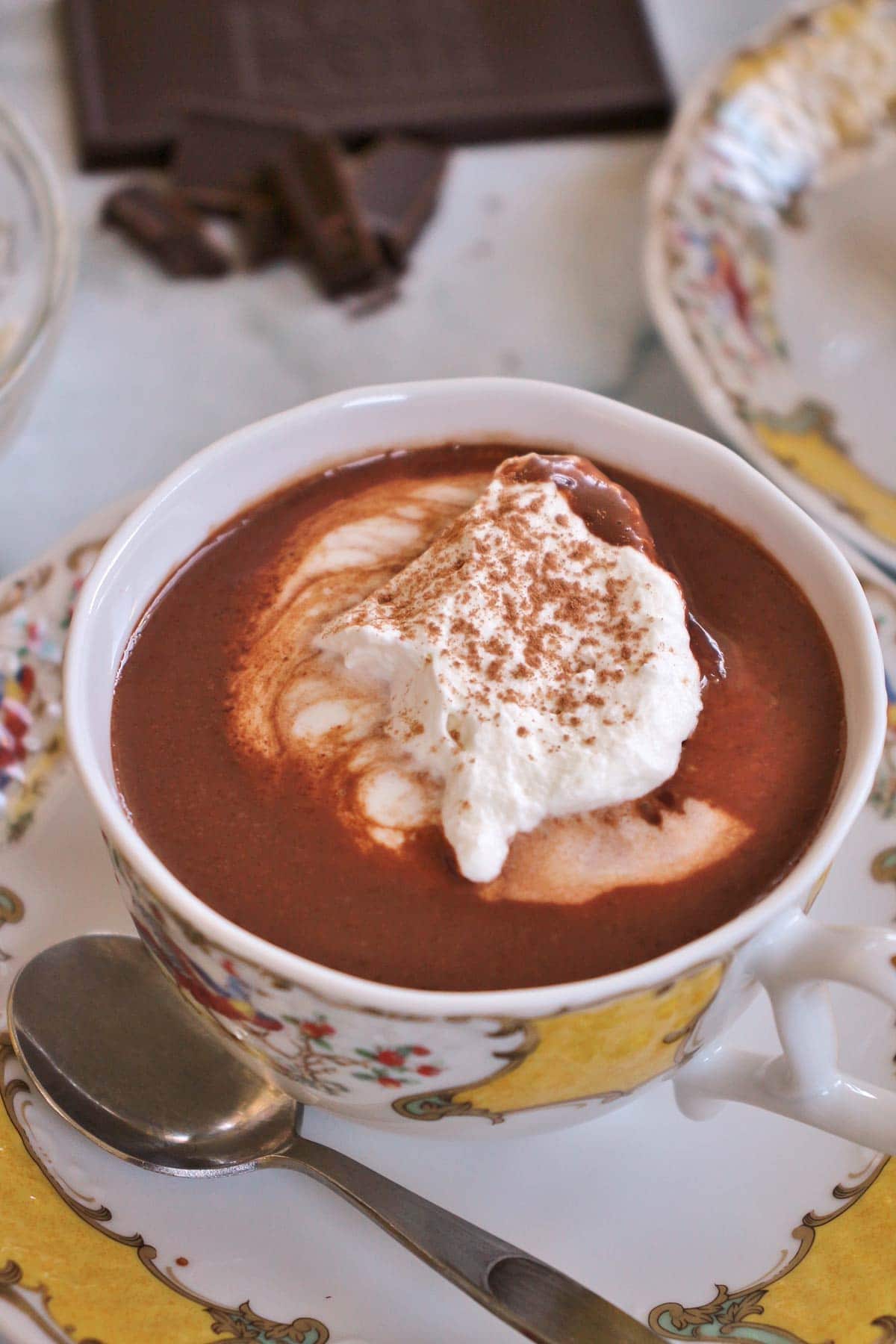 Closeup of a cup of hot chocolate with a dollop of whipped cream on top.