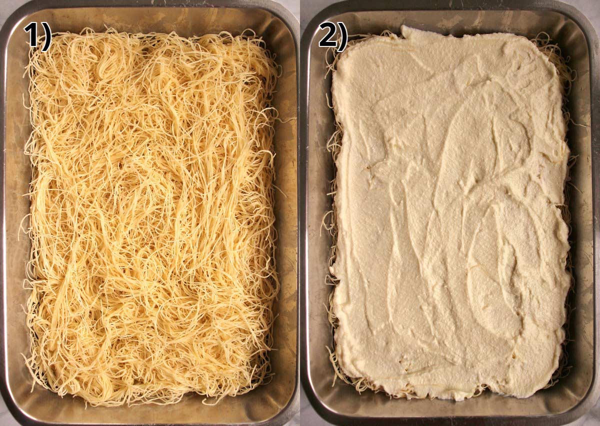 Spreading kadaif dough in a baking pan and topping with ricotta cheese.