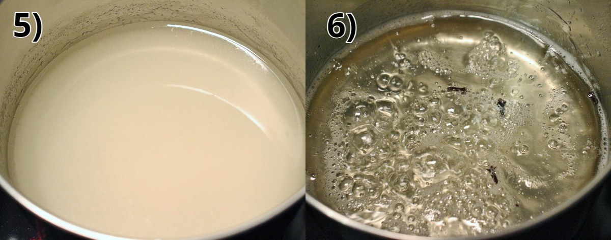 Step-by-step photos of making sugar syrup in a saucepan.