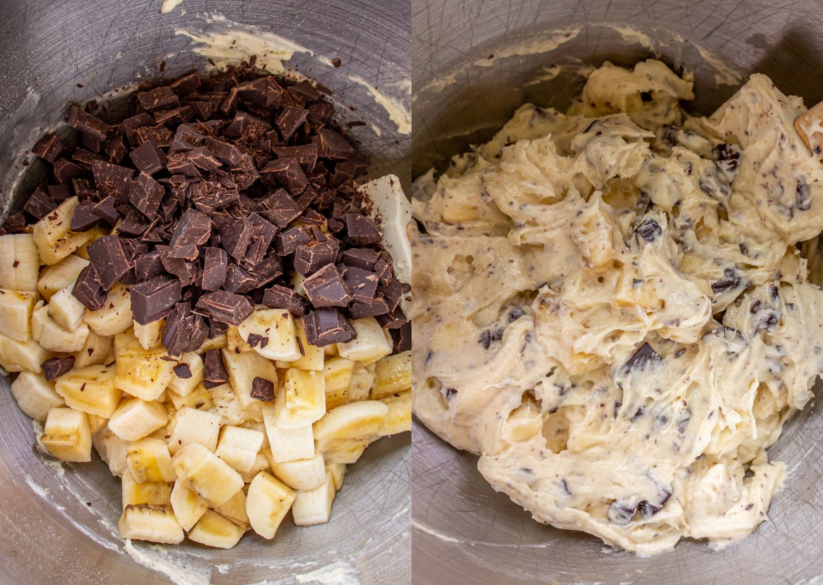 Chocolate chunks and chopped bananas before and after mixing into muffin batter.