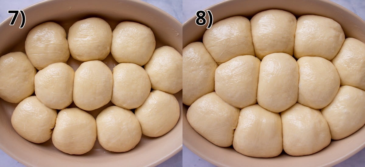 Balls of dough in an oval baking dish before and after proofing.