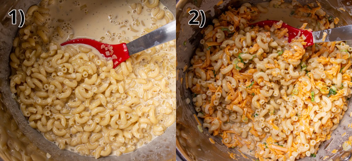 Step-by-step photos of mixing sauce, grated cheese, and scallions into a pot of macaroni.