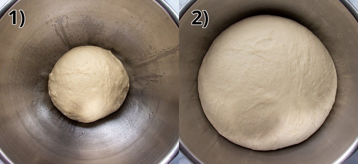 A ball of dough in a large metal bowl before and after proofing.
