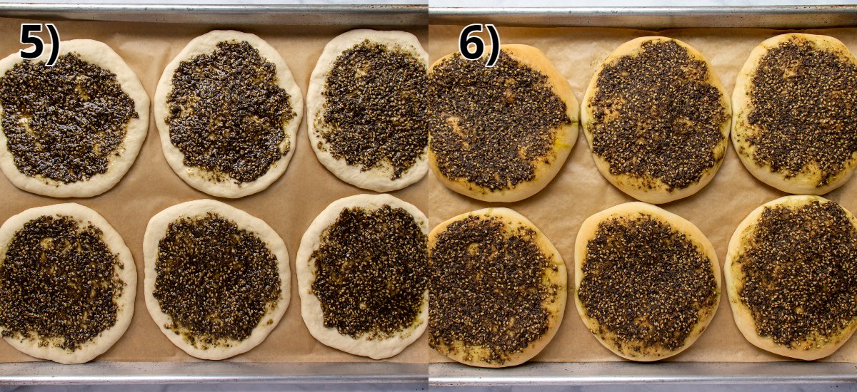 Six circles of dough topped with za'atar spice before and after baking on a sheet pan.