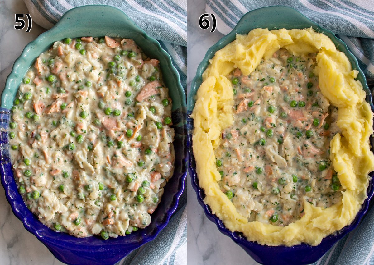 Fish filling in an oval baking dish before and after adding mashed potatoes around the edges.