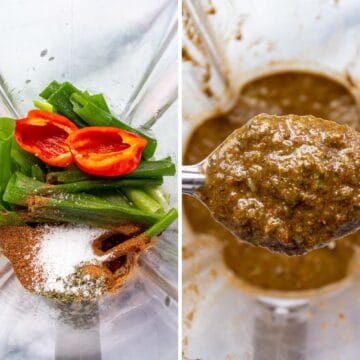 Before and after photos of Jamaican jerk seasoning pureed in a blender jar.