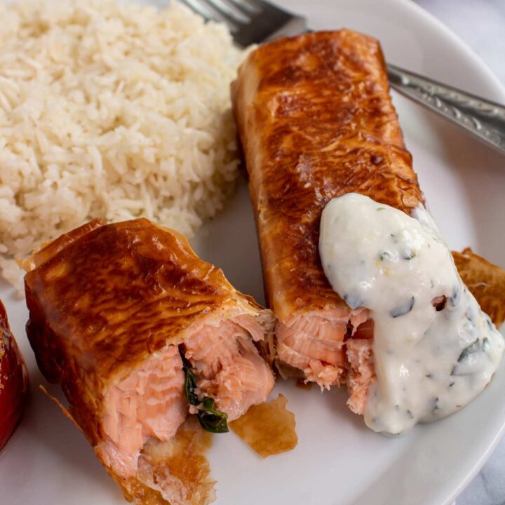 Wrapped Salmon in Phyllo with Lemon Horseradish Cream Sauce Mission