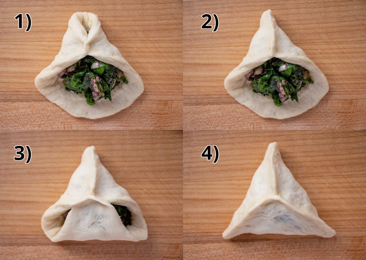 A collage of how to assemble a triangular Lebanese spinach pie on a wooden board.