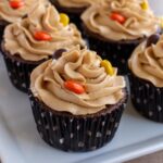 Two rows of chocolate cupcakes with peanut butter frosting and Reese's Pieces on a white plate.