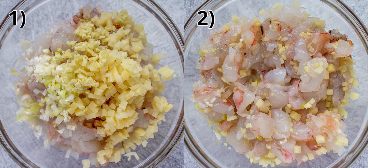 Chopped shrimp in a glass bowl before and after mixing together with other minced ingredients.