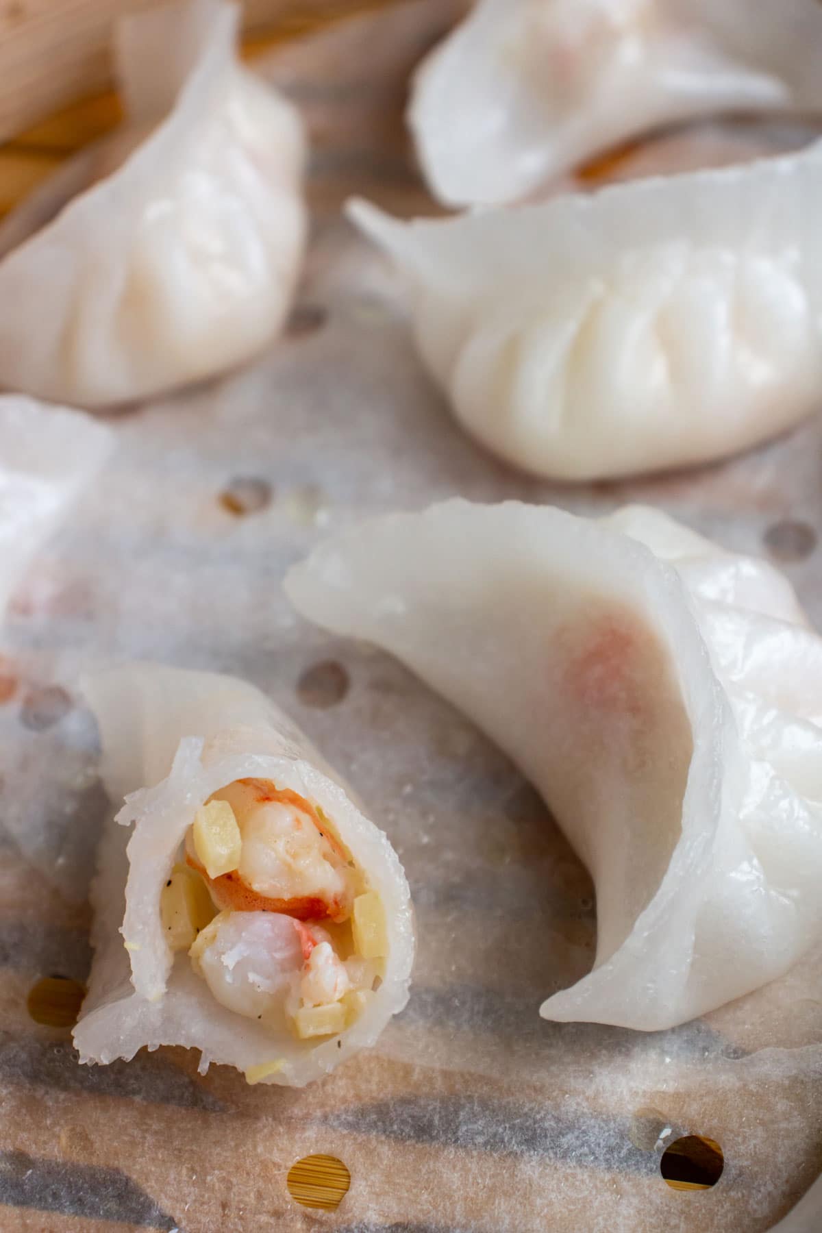Closeup of a half-eaten har gow dumpling showing off the shrimp and bamboo shoot filling.