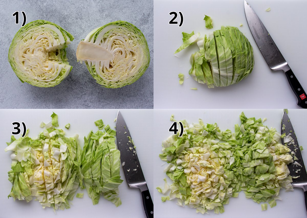 A collage of a green cabbage progressively being sliced and chopped into small pieces.