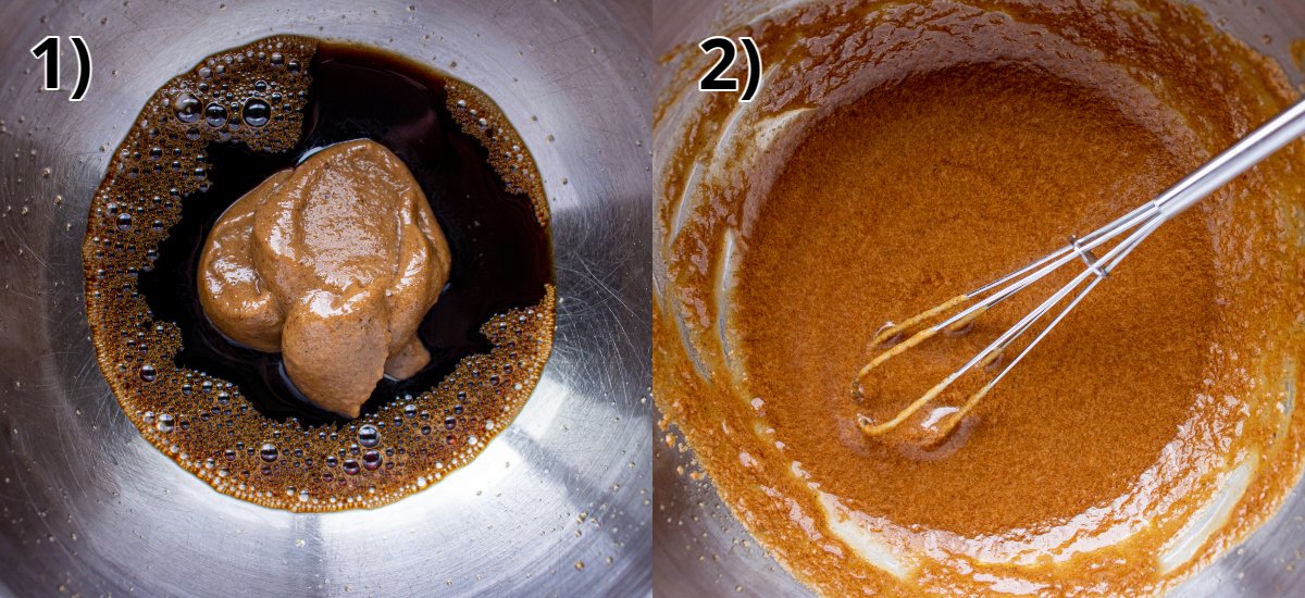 Step-by-step photos of whisking sesame paste into a soy sauce mixture in a bowl.
