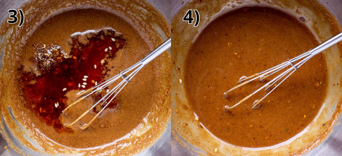 Step-by-step photos of whisking ingredients into dark brown strange flavor sauce in a bowl.