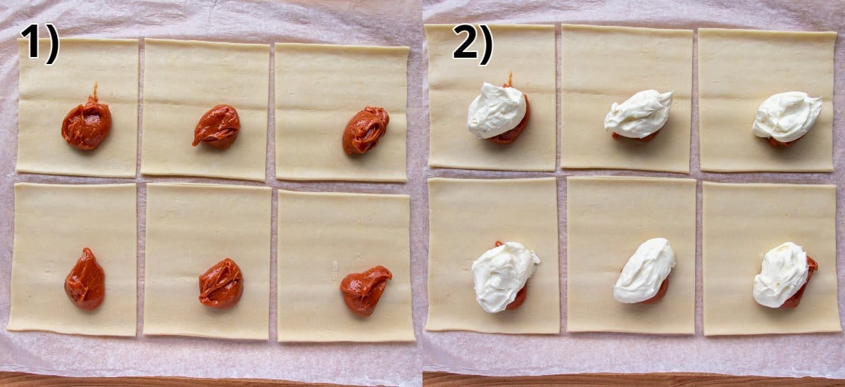 Step-by-step photos of adding guava and cheese fillings to 6 squares of puff pastry.