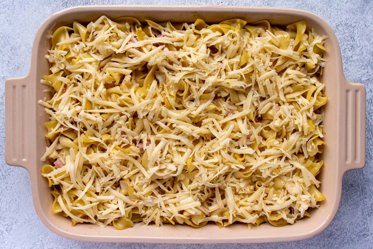 A rectangular casserole topped with grated white cheese.