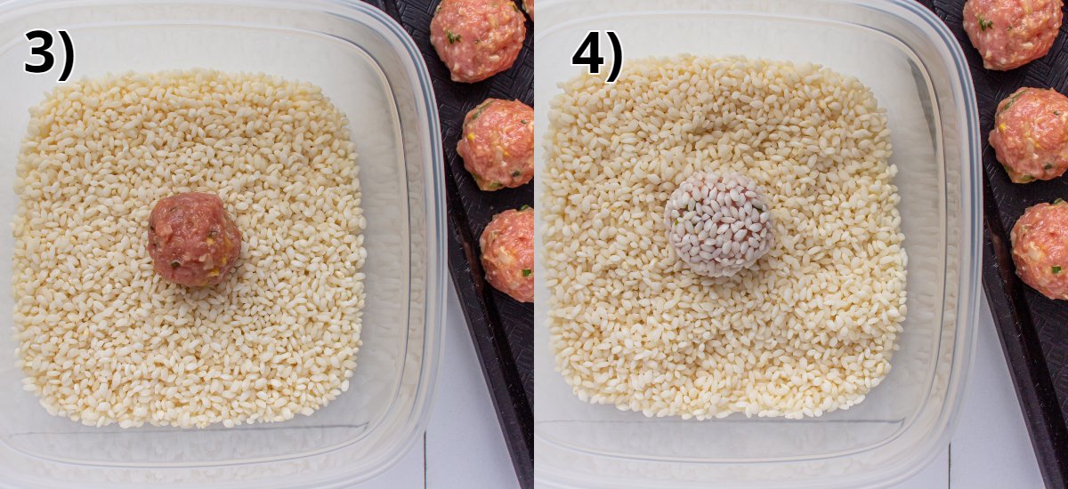 Before and after rolling a raw meatball in raw sticky rice in a plastic container.