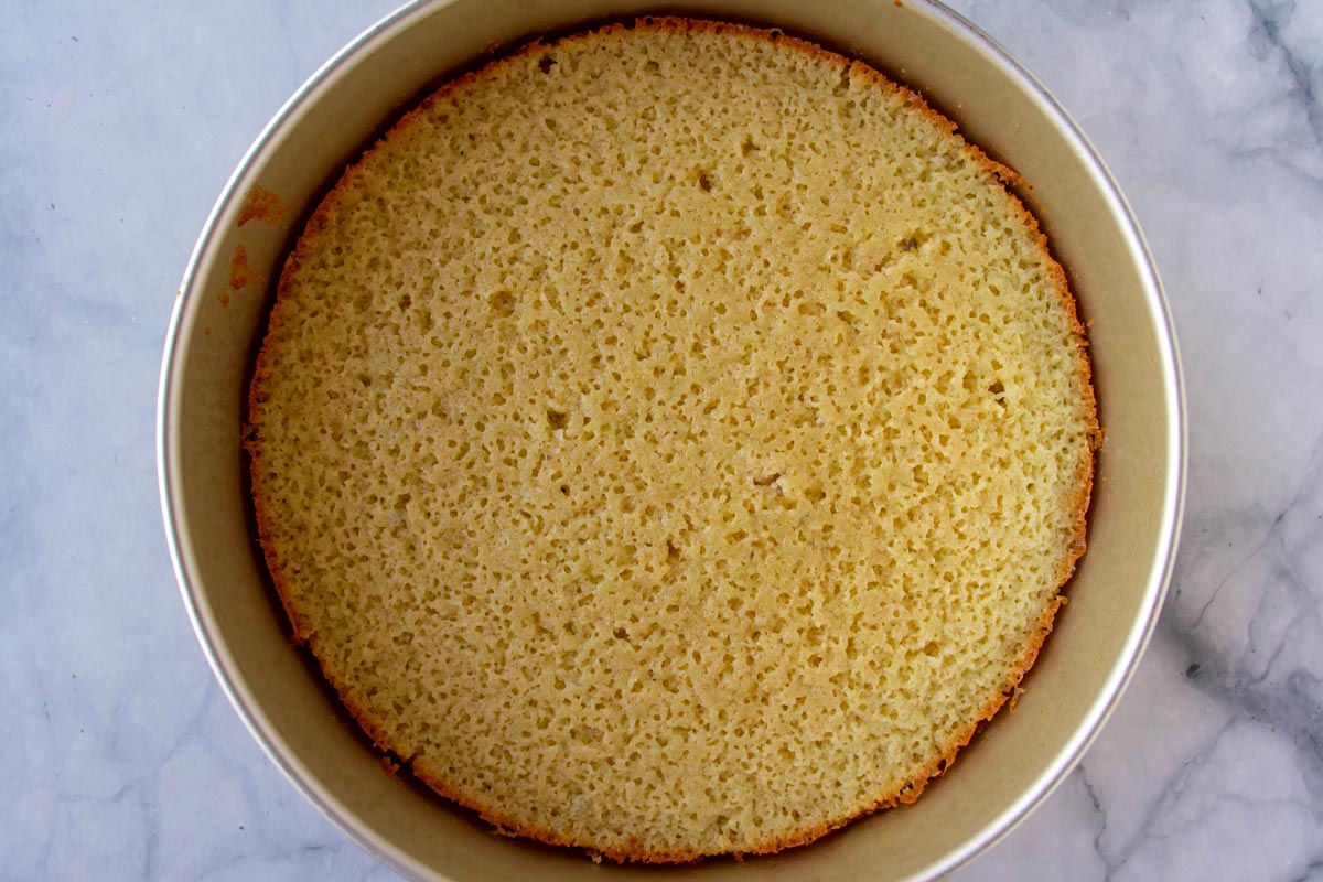 Baked white cake in a round cake pan.
