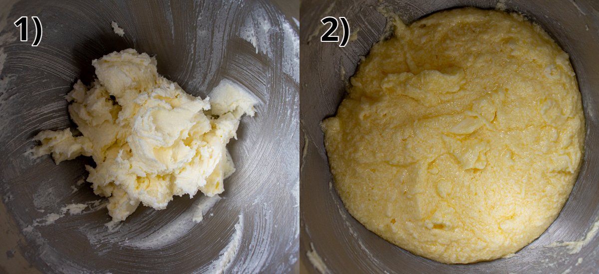 Step-by-step of beating butter and sugar in a bowl and then beating in eggs.