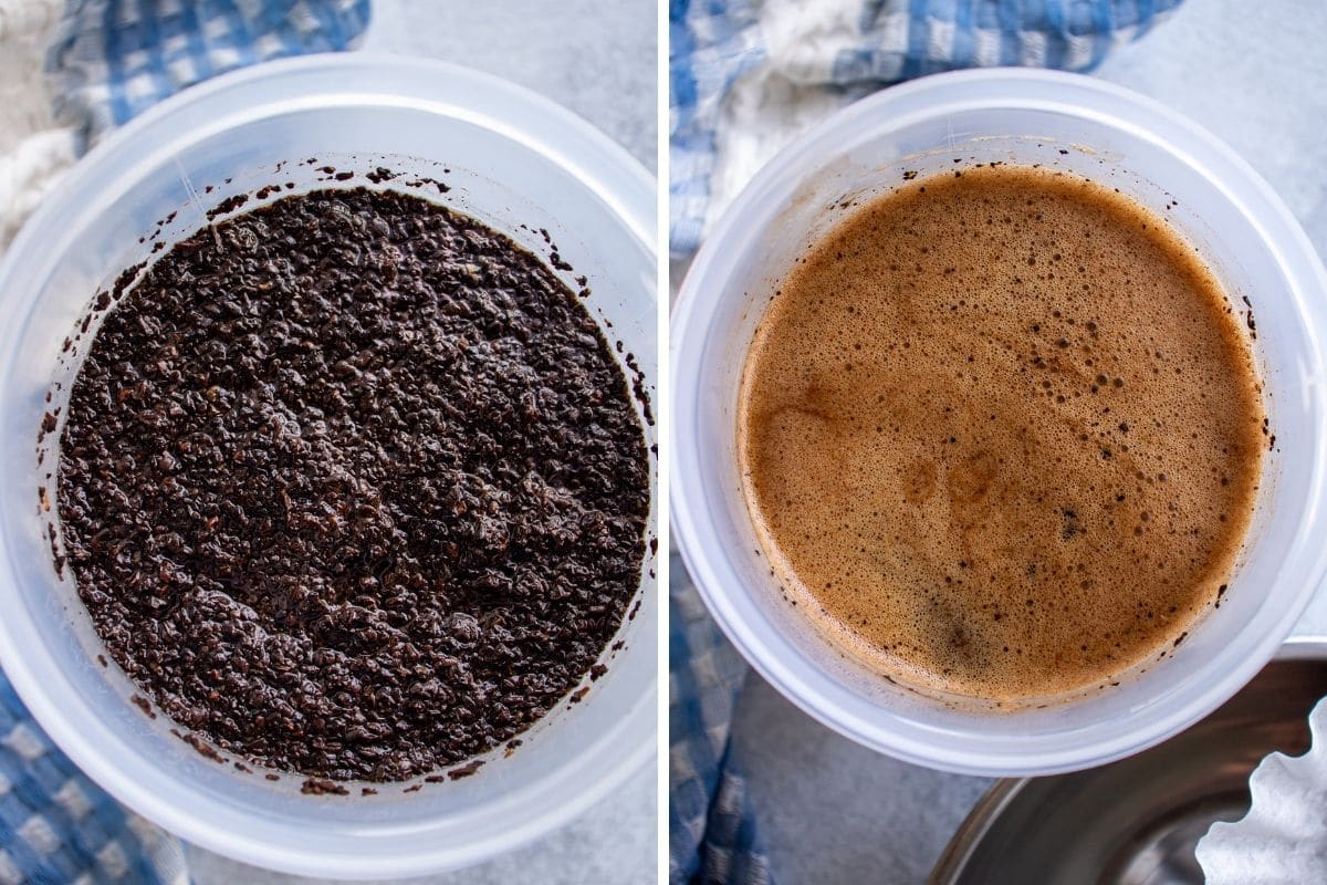 Before and after stirring coffee grounds in a pitcher of cold brew.