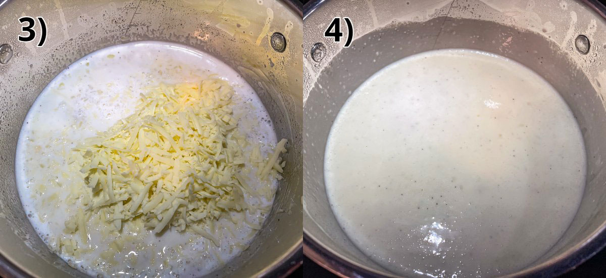 Adding shredded cheese to a white sauce in a metal pot.