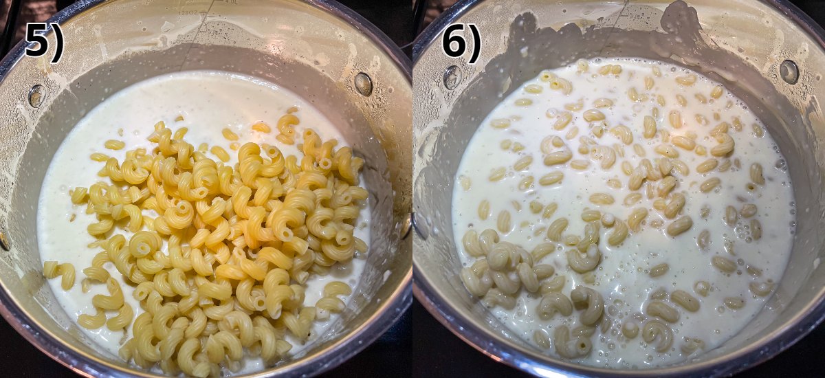 Adding cooked pasta to a pot of white sauce and stirring it together.
