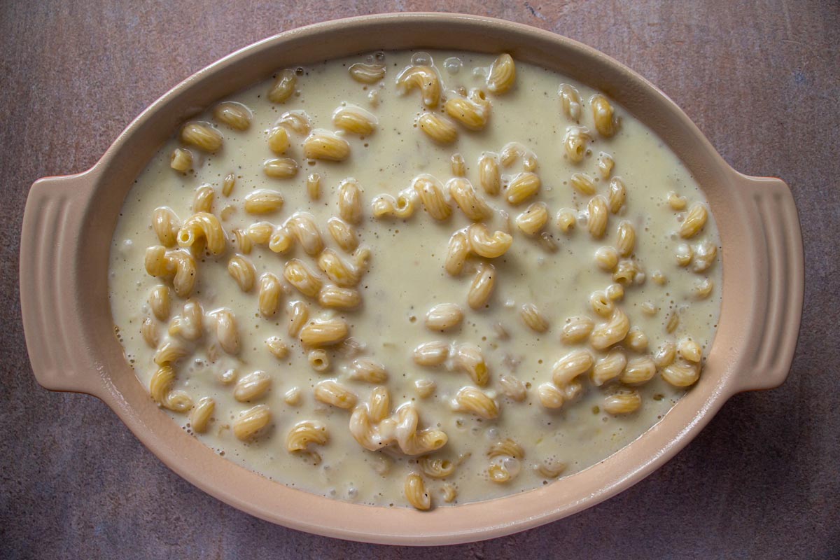 Pasta in creamy white cheese sauce in an oval baking dish.