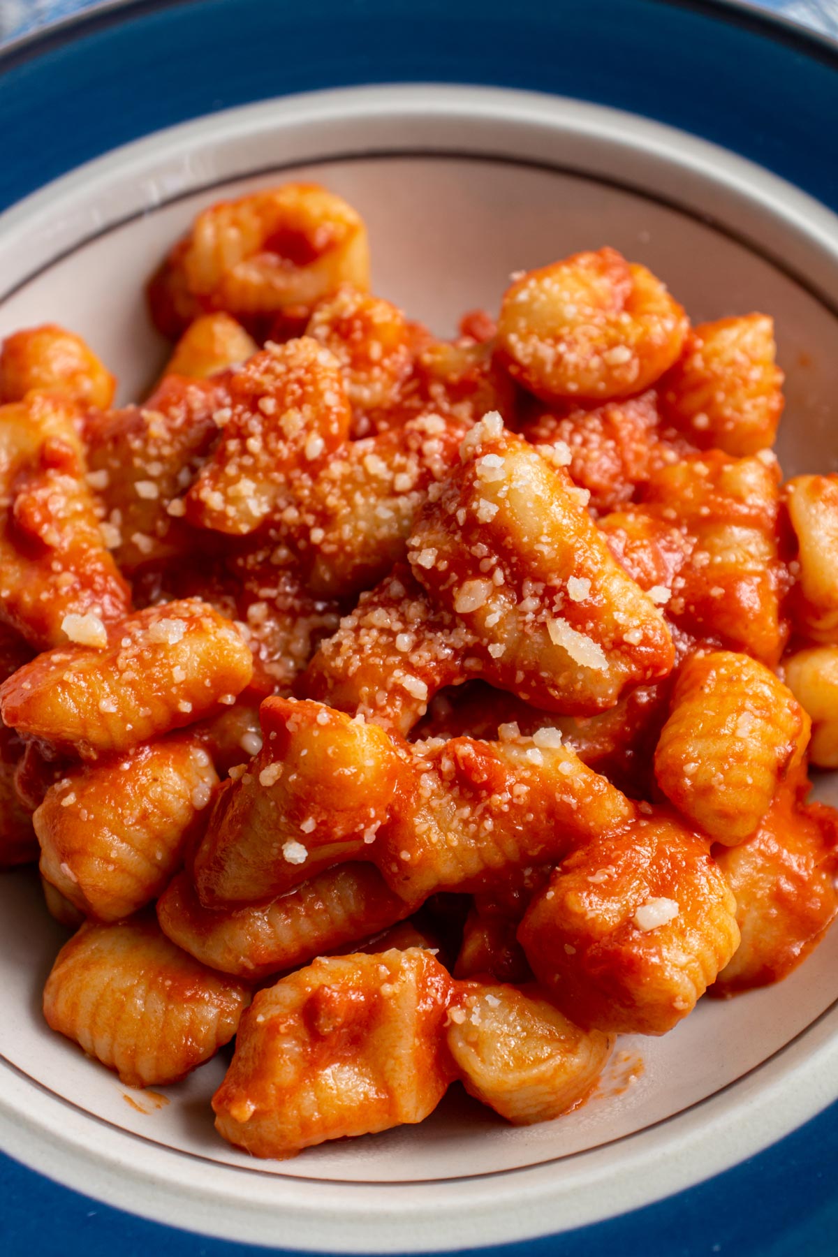 Ricotta cavatelli in red sauce with parmesan cheese in a wide bowl with blue edges.