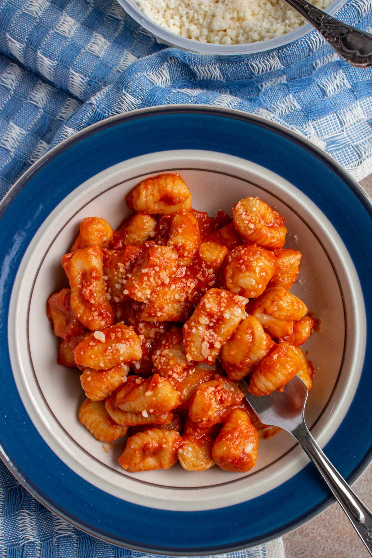 Small gnocchi dumplings in red sauce in a small shallow bowl with blue edges.