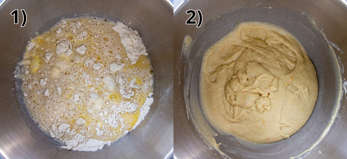 Before and after mixing batter in a metal mixing bowl.