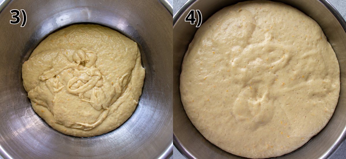 Before and after bread batter rising in a metal mixing bowl.