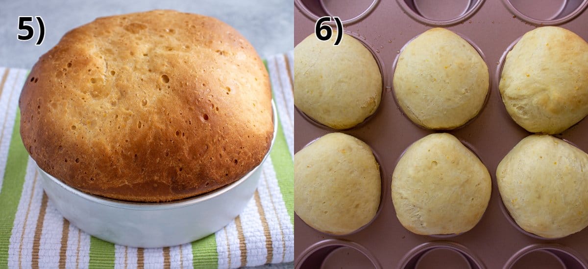 Baked Sally Lunn buns in a round cake pan and in a muffin pan.