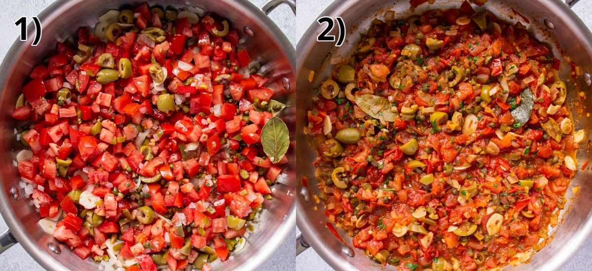 Chopped tomatoes with green onions before and after cooking into sauce in a skillet.